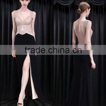 newest hottest celibrity dress one-piece nude mesh beading V- neck long design dress ladies