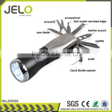 Ningbo JELO Hot Sales Promotion Multi Function Tools Camping Accessories 4LED and Red Torch Classic Army Knife Flashlight