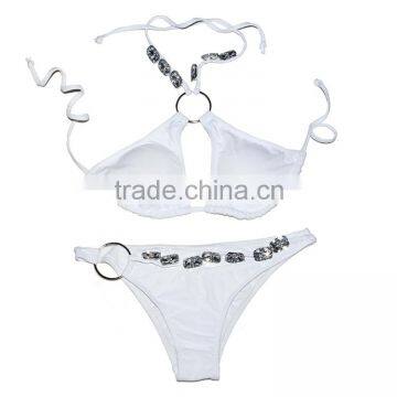 Unique Design Pure White Sexy Bikini Set With Rhinestone