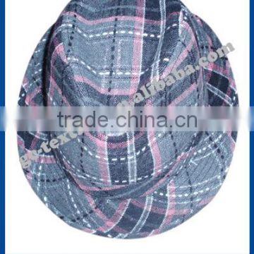 pink checked hat with short brim