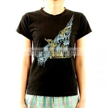 Kanook Thai Swan THAILAND ART T-SHIRT PAINTED acrylic glitter FABRIC PAINTING BY HAND RARE PRODUCTS