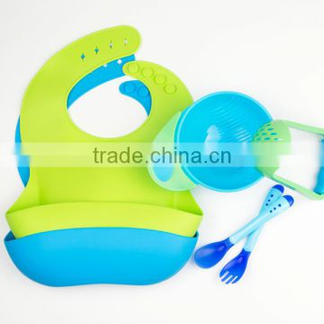 Baby Feeding Accessories Bundle: Suction Bowl + Food Masher + Spoon + Bib, Multiple Color, Private Label