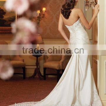 Ivory Satin Lace Beaded Mermaid Strapless Puffy Wedding Dress photo-2
