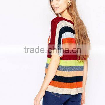 Cheap Price Rainbow Multi-color Colorful Sweater Slim Fit Casual Crew Neck Knit Top In Stripe Half Sleeves For Ladies photo-2