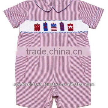 Infant Boys Red Stripe Smocked Firecrackers Romper
