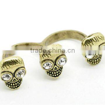 5PCs Antique Bronze Rhinestone Halloween Skull Open Two Fingers Double Rings 18.3mm