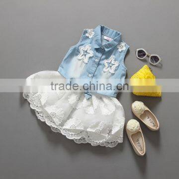 children clothing Girls Dress jeans top with white color lace short cotton dress