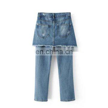 Jeans 2017 Girl Denim Holes Skirt +pants High Wasit Slim Jeans Irregular Trousers photo-5