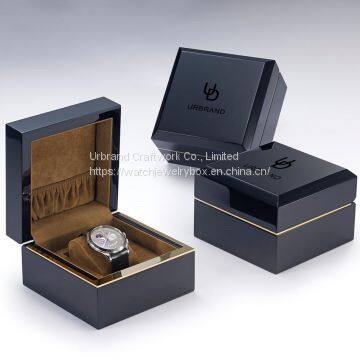 Glossy painted wooden watch box single piano lacquer effect wooden watch gift box with golden metal frame