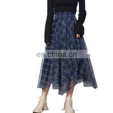 High Waist Patchwork Mesh Hit Color Irregular Plaid Skirts Women