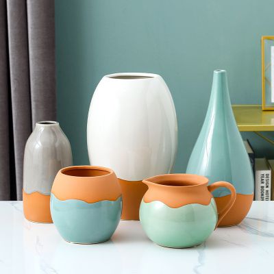 Multicolor Crackle Retro Green White Grey And Orange Ceramic Vase For Hotel Home