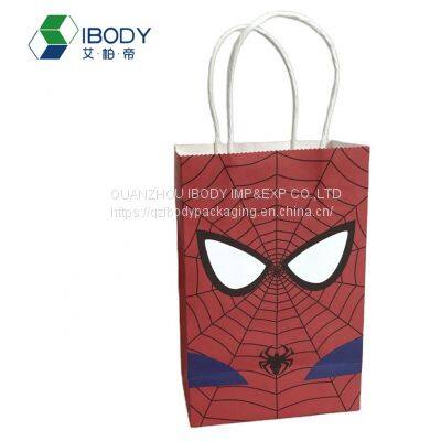 Design biodegradable printed foldable shopping kraft paper food bag with spiderman pattern