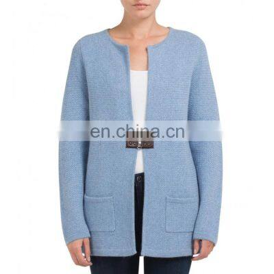 Ladies round neck wool crochet cardigan with pockets