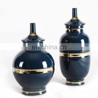 High Temperature Deep Blue General Jar  Sliver Lid Ceramic Vase Porcelain Vase  For Home Decor