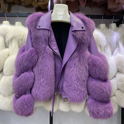 Nueva chaqueta de piel entera de piel de zorro, estilo de moto femenino corto y chaqueta de piel adelgazante del mismo estilo que las celebridades de Internet photo-2