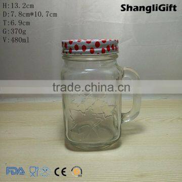 480ml leaf embossed glass jar with handle