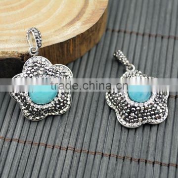 LFD-0018P ~ Wholesale Druzy Amazonite Stone plum blossom Pendant Pave Rhinestone Crystal Charms Pendants For Necklace