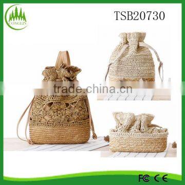2015 New Product High Quality Round Woven Beach Bag Handbag Drawstring Straw Backpack