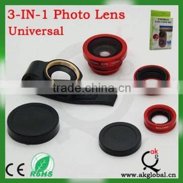 wholesale Clip 3 in 1 lens 180 degree fisheye +0.67X wide angle + macro lens for mobile phone