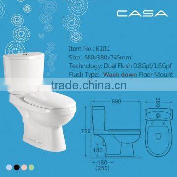 Middle East Europe market close coupled closet washdown 250mm two pcs toilet