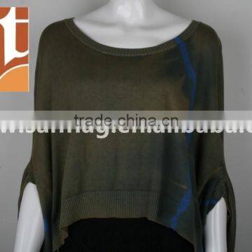 Ladies' Scoop Neck Poncho Botwing Sleeve Knitted Sweater With Dirty Wash &tie Dyed