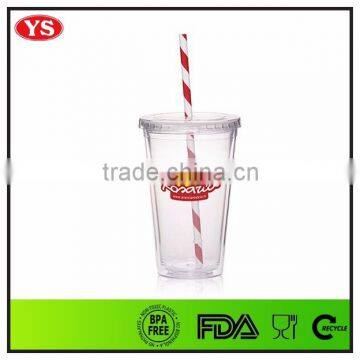 FDA certification 16 oz double wall plastic cup with straw and lid for sale