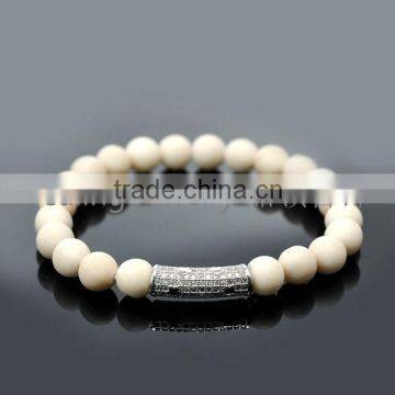 2016 latest mens jewelry cz setting brass tube charm with white stone beads bracelet