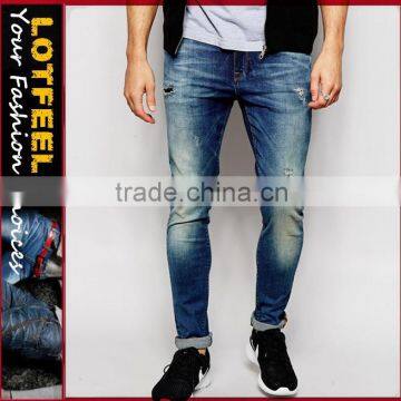 Man skinny ripped denim jeans pants fashion trousers jeans denim jeans factory (LOTA089)