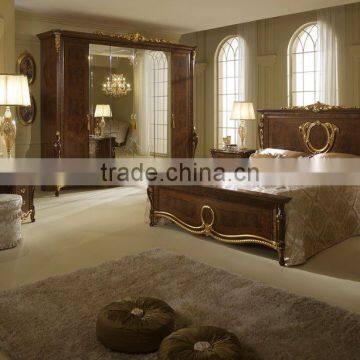 European Royal Baroque Solid Wood Golden Color Bedroom Furniture Set/Luxury King Size Bed(MOQ=1 SET)