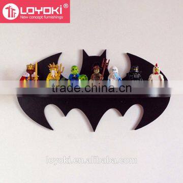 new design bat cartoon shape wall shelf for kids room display wooden floating shelf