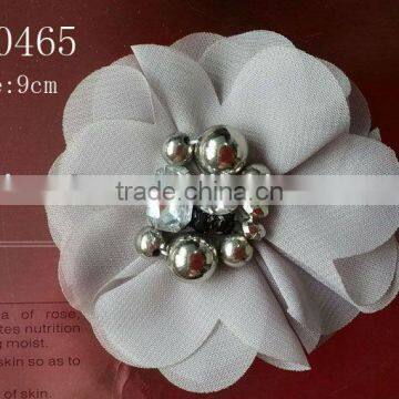 CF0465 2013 Fashion vintage round grey glass bead center handmade chiffon flower with crystal