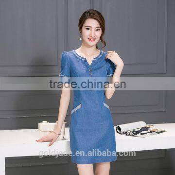 Lastest Design Oem Spring Blue V-neck Short Sleeve Denim Wash Double Shirt Ladies Dresses photo-4