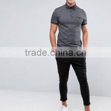 Herringbone Design Short Sleeve Chest Pocket Button Placket Dark Grey Men's 54% Cotton 46% Polyester 200g Casual Polo Shirt photo-4