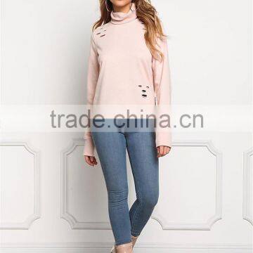 MGOO Customized Pink Distressd Hoodies For Ladies 100 Cotton Terry Tops Turtle Neck Long Sleeves Sweatshirts photo-3