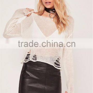 MGOO Newest Design Women Knitwear Sweater Drop Shoulder Loose Neck Distressed Ladder Jumper Cream photo-3