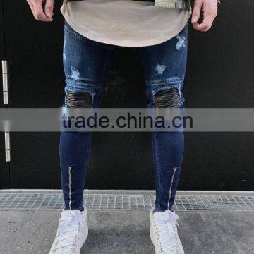 2016Men biker Skinny jeans buttom side zipper knee protection elastic jeans denim Biker jeans pants in stock accept small order