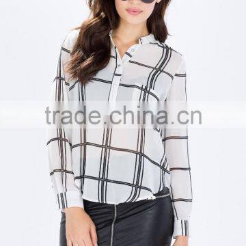 2015 New Design Sheer Chiffon Ladies Blouse Grid Print Blouses Wholesale photo-3