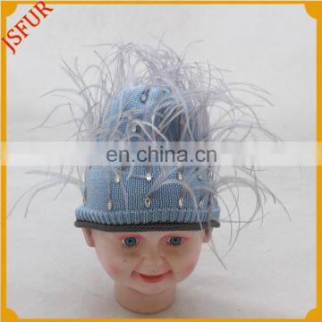 Winter children funny knit hat with false drill and feather