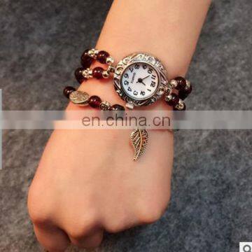 Women Retro Pendant Quartz Watch Multi-color Imitation Agate Beads Bracelet Lady Casual Wristwatch