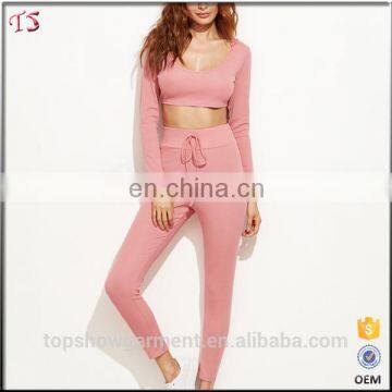 Customized crop hooded top with drawstring waist pants 2Pcs plain women tracksuit