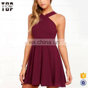 Guangzhou custom halter neckline fully lined lady fashion halter dress