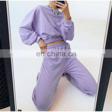Custom Logo Plain Womens Ins Causal Crop 2 Pcs Jogger Sweat Pants Hoodies Sweatshirts Set photo-2