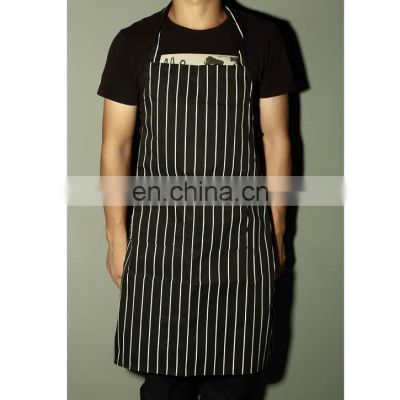 Black White Stripe Apron With Pocket for Chef Waiter Cook Kitchen