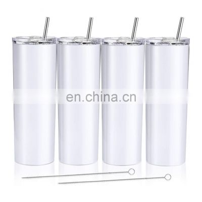 20oz Skinny White Straight, Sublimation Blanks Stainless Steel Tumblers With Metal Straws/