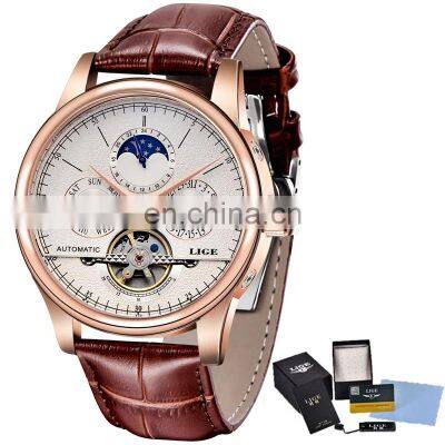 Lige 6826 Retro Men Mechanical Watches Tourbillon Waterproof Leather Top Brands Luxury Watch Automatic Mens