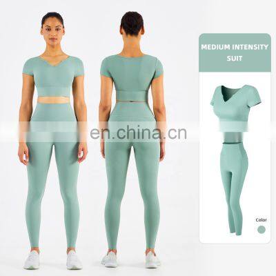 Wholesale Women Two Piece Yoga Suit Workout Yoga Pants With Pocket Athletic Gym T Shirt