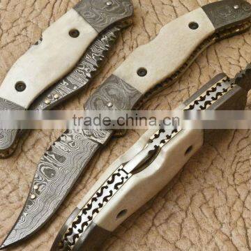 udk f3" Custom handmade Damascus pocket knife / Folding knife with Camel bone