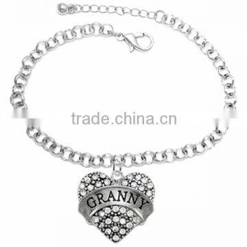 Genuine Austrian Clear Crystal "GRANNY" Heart Charm Chain Link Bracelet