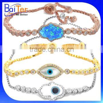 Fatima Of Hand Turkey Jewelry/Adjustable 925 Sterling Silver Opal Hamsa Bracelet/Pave CZ Diamond Evil Eye Bracelet Wholesale                        
                                                Quality Choice