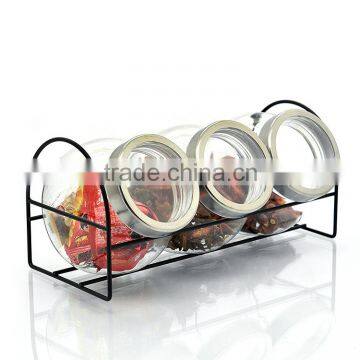 3pcs Glass Storage Jar For Spice With Metal Cap And Shelf
